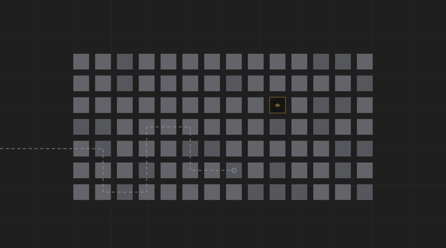 A dense grid of flat grey squares; a dashed line enters from the left edge, turns several times and stops mid-field, while a single amber-outlined square holding a glowing shard sits untouched several columns away.