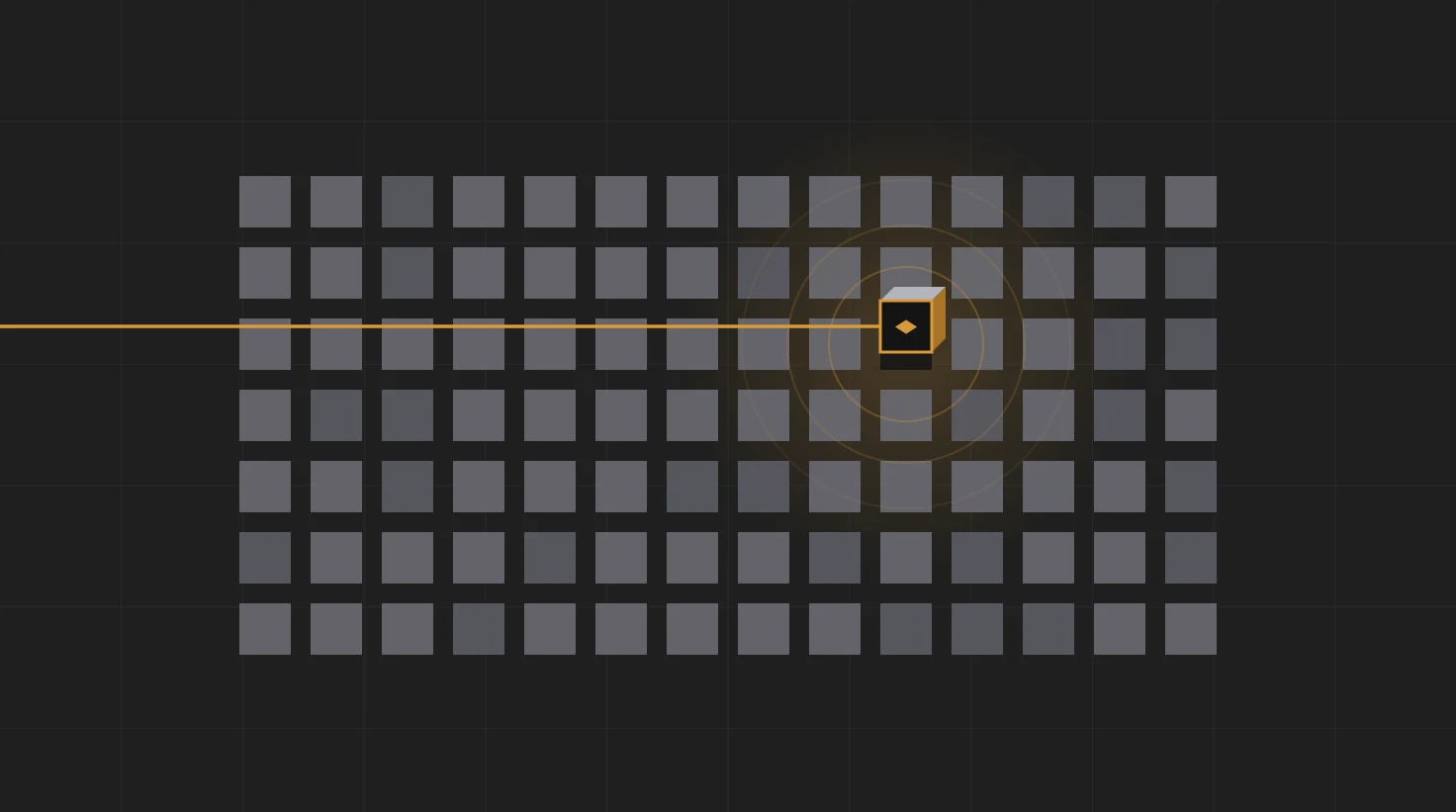 The same grid of grey squares, with one square lifted out of the plane, outlined in amber and holding a lit shard; a single straight amber line runs in from the left edge to reach it, and faint rings radiate outward.
