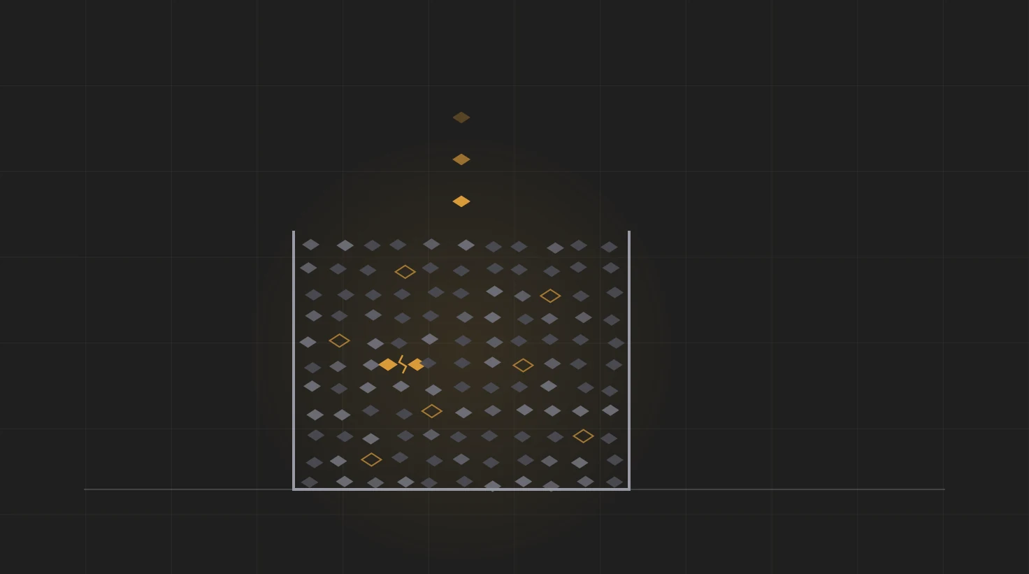 A tank filled to the brim with shards, nearly all of them dulled to grey; a handful have been reduced to hollow amber outlines, two solid amber shards sit facing each other across a jagged break, and more shards keep dropping in from above.